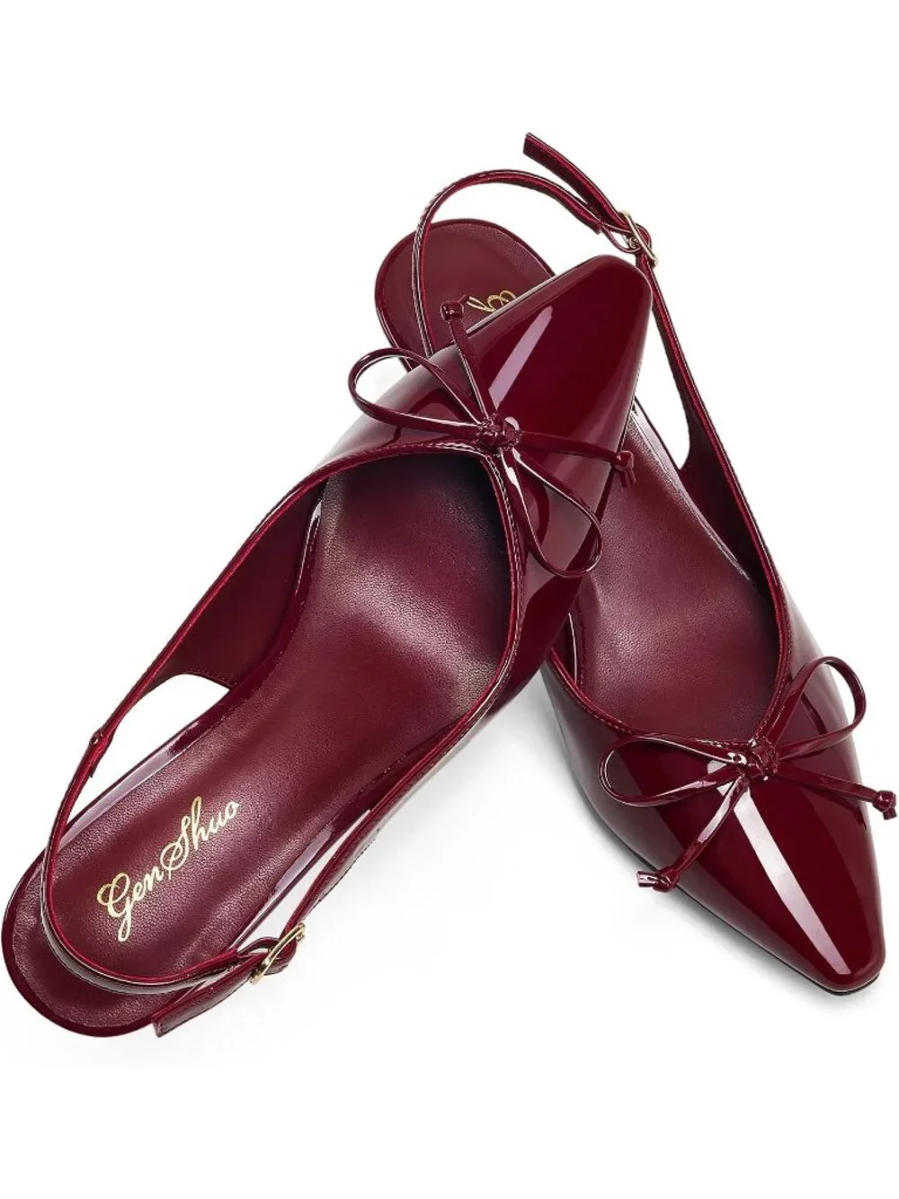 Women's Wine Red Bowknot Slingback Pump Pointed Closed Toe Low Kitten Heel Shoes